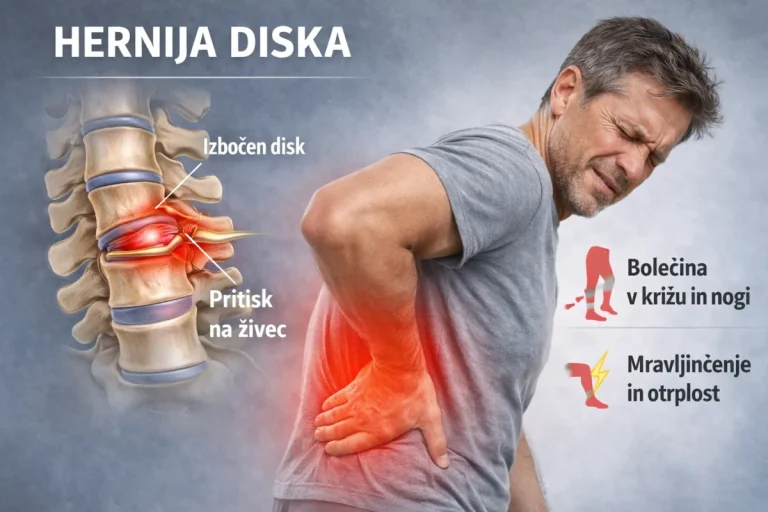 Hernija diska v ledvenem delu s pritiskom na živec in bolečino v križu.