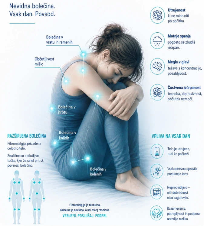 Ženska z razširjeno bolečino po telesu, ki ponazarja simptome fibromialgije.