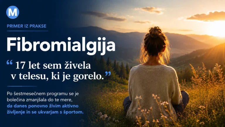 Ženska z razširjeno bolečino po telesu, ki ponazarja primer iz prakse fibromialgije.